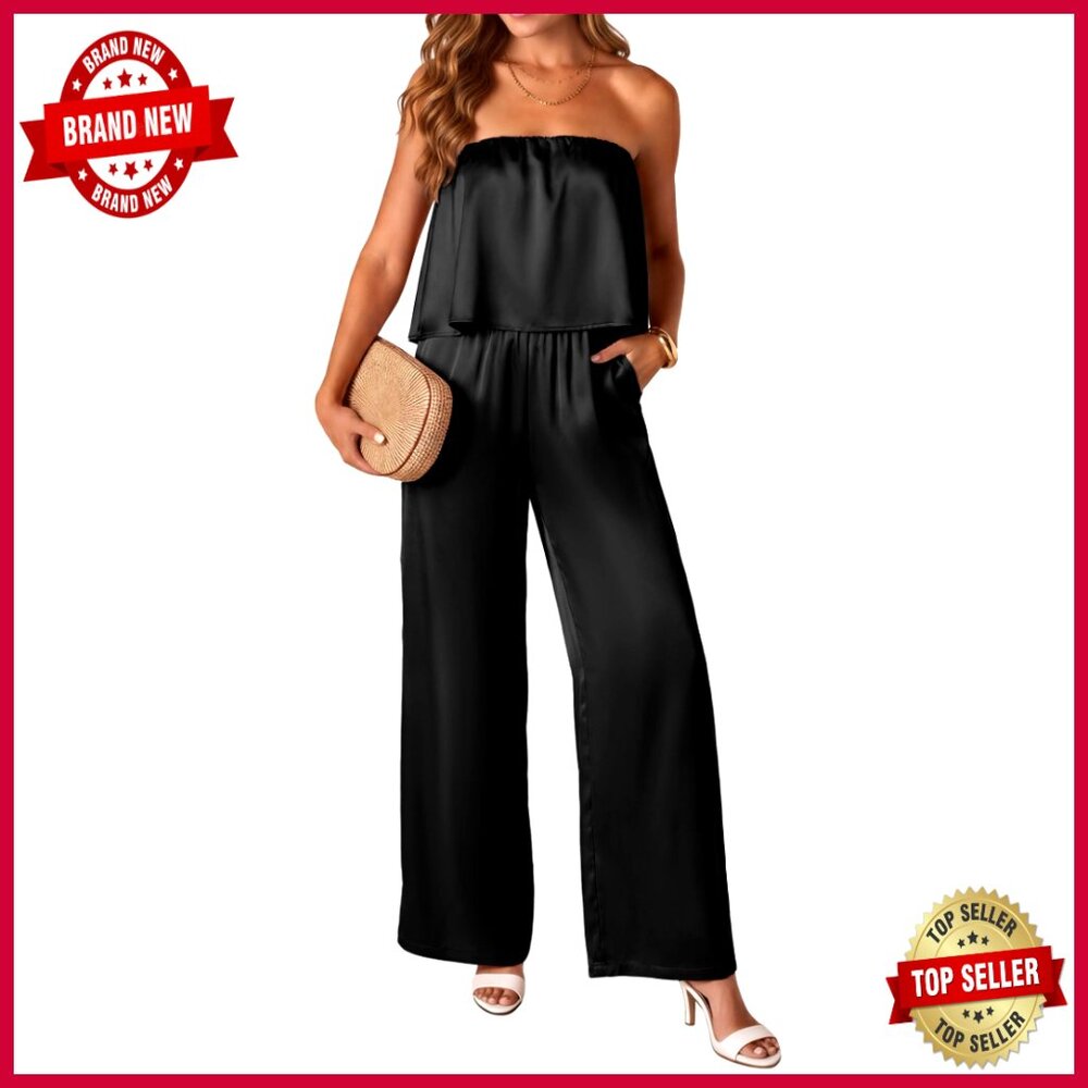 Large Satin Strapless Jumpsuit With Pockets, Flowy Summer Romper